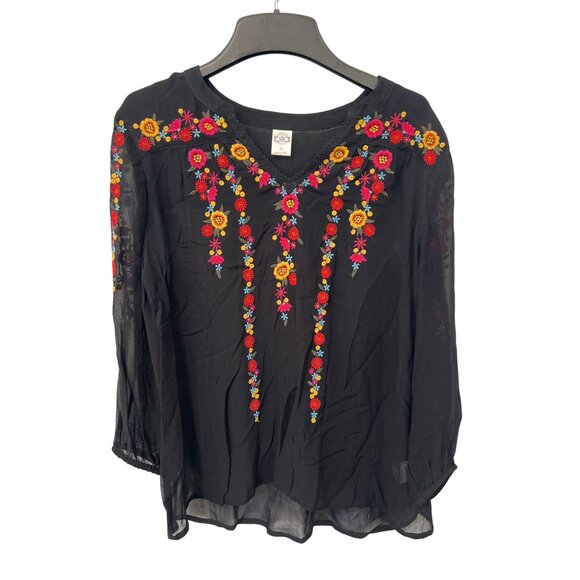 Bila Embroidered Floral Sheer Blouse Womens M 3/4 Sleeve Black Hippie Fairygoth - Picture 1 of 6